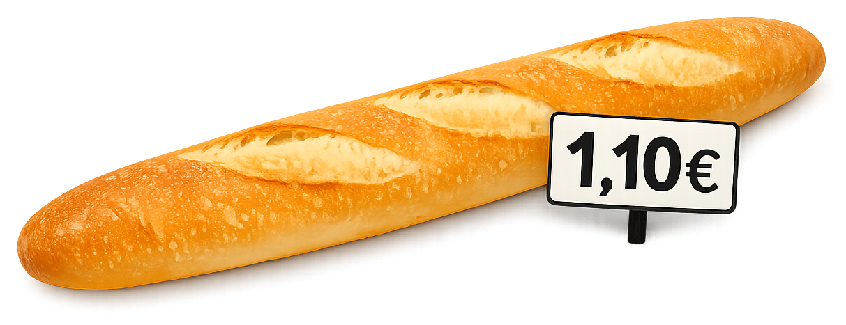 Baguette de pain avec une étiquette de prix à 1,10 €.